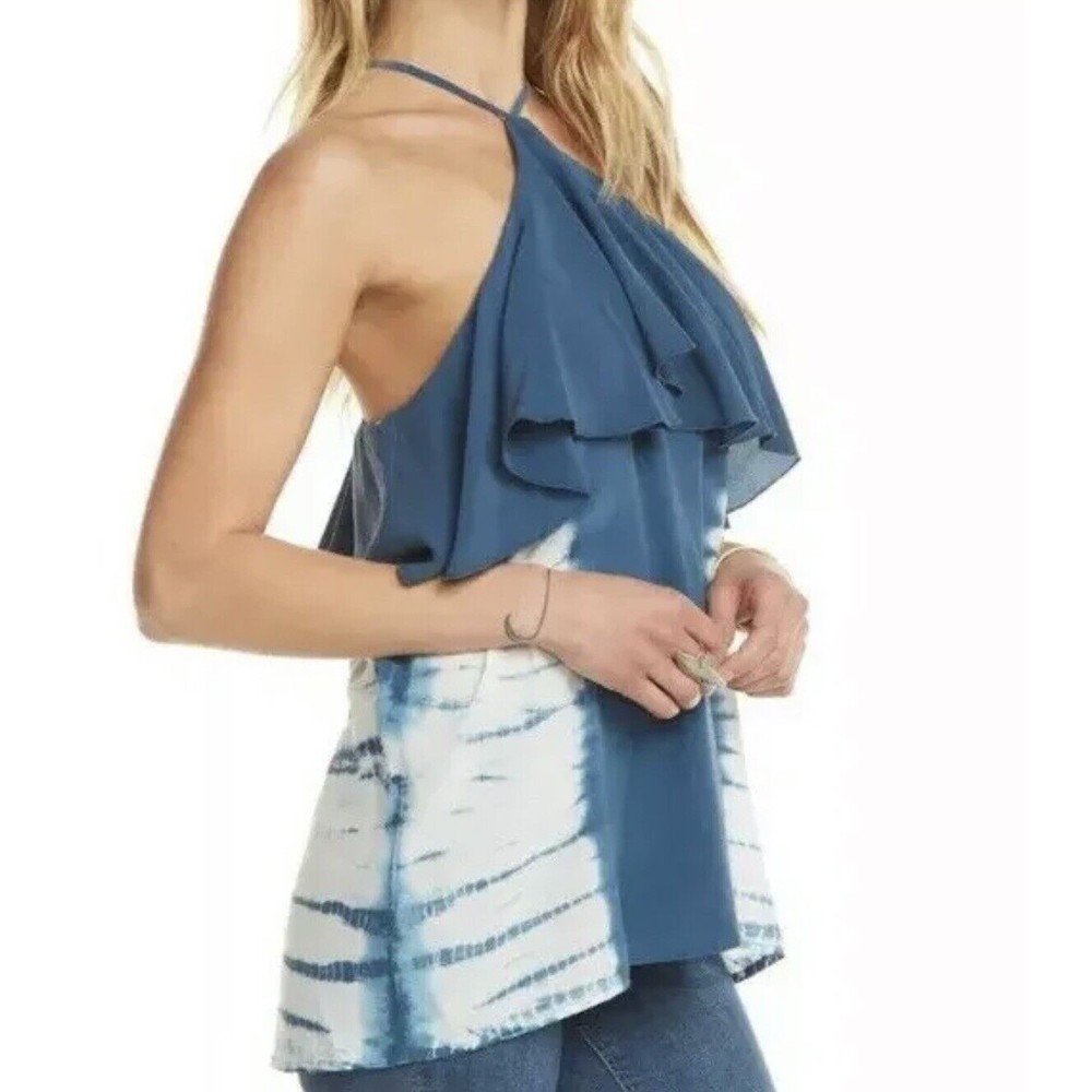 Chaser Blue Silk Ruffle Tie Dye Halter Tank Top Spaghetti Strap Women Medium